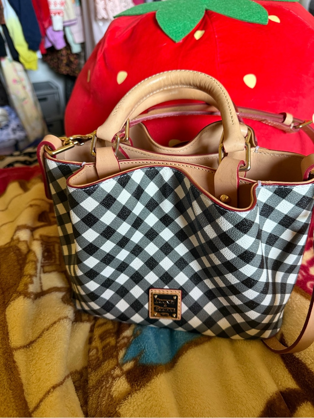 Dooney & Bourke Black and White Gingham Satchel with Pink Trim